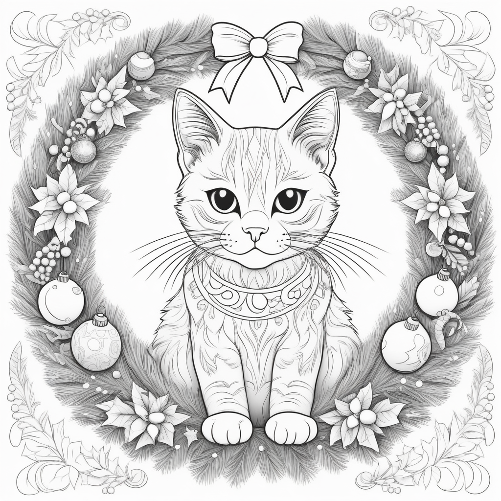 
coloring book outline for adult, cat christmas wreath thick lines, high detail, no shading, cartoon style, black white
