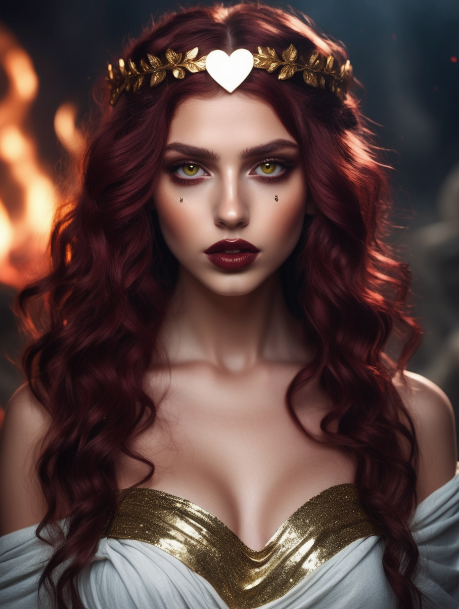 a very beautiful woman
wavy maroon hair
lips
a heart shaped face
olive colored eyes
in the underworld/hell
wearing a sparkly dark toga
greek goddess 