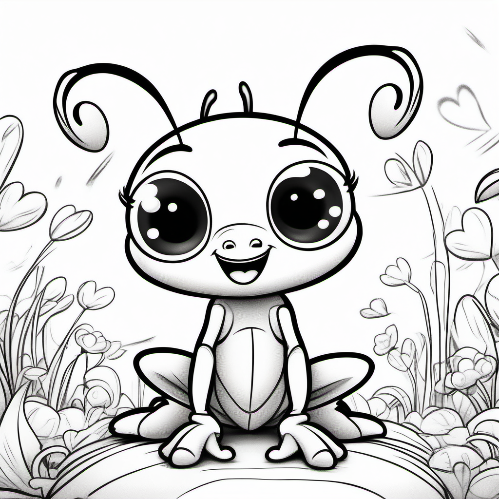 super Adorable little ants
 line art coloring book page, valentine hearts, black and white, sweet smile, character full body, so cute, excited, big bright eyes, shiny and fluffy,
fairytale, energetic, playful, incredibly high detail, 16k, octane rendering, gorgeous, ultra wide angle.