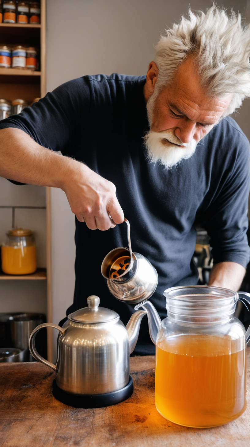 man making tea, putting lionsmane in it