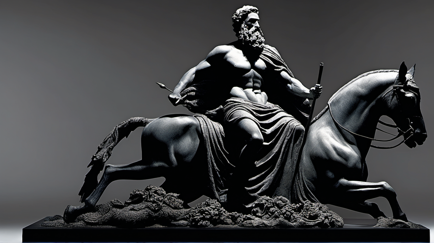 ﻿
Image of a full-body statue depicting a muscular, bearded man sitting on a black horse. The statue should be in the style of ancient Greek art, characteristic of Stoicism. It should feature clothing elegantly draped over one shoulder. The background should be dark, highlighting the statue as the central element. The statue must demonstrate exceptional
craftsmanship, with intricate details visible in the facial features and attire. The image should have a dramatic feel, achieved through the interplay of light and shadow. The perspective should be a wide shot.