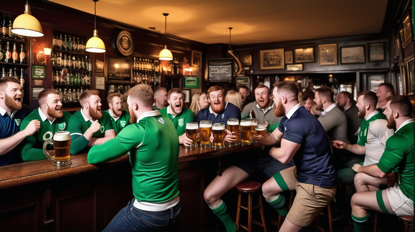 classic irish pub scene with people with a variety fo clothing 
drinking beer watching rugby match



