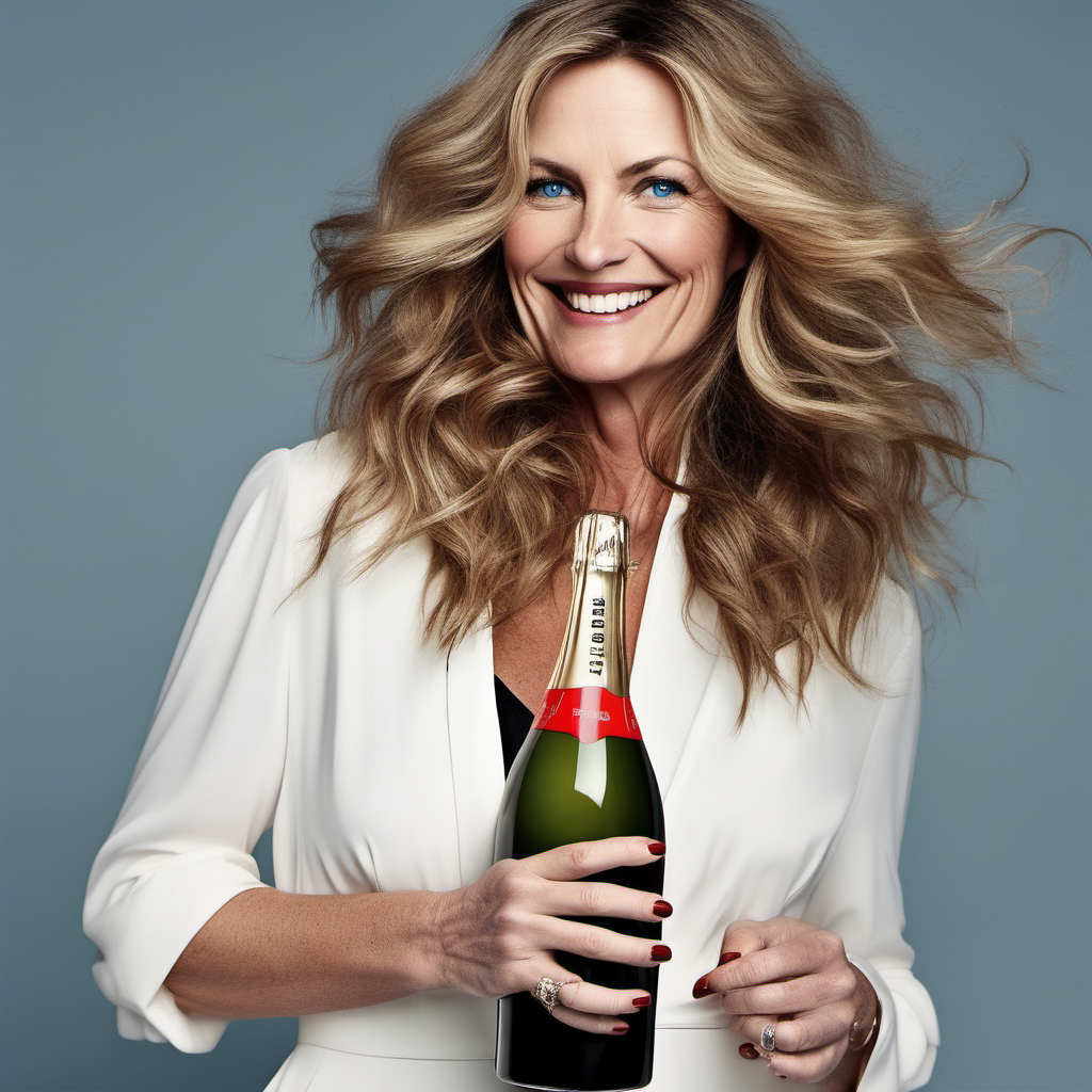 white woman, 45 years old, creative director, dark blonde hair with red notes, wavy long and slightly bushy, big hair, side parting, small nose, blue eyes, wide jaw, holding a bottle of champagne