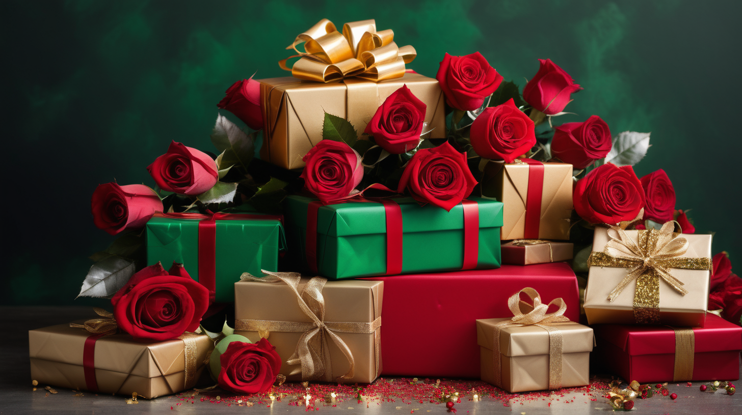 A wide pile of christmas gifts in red, green and gold with red roses sprinkled around