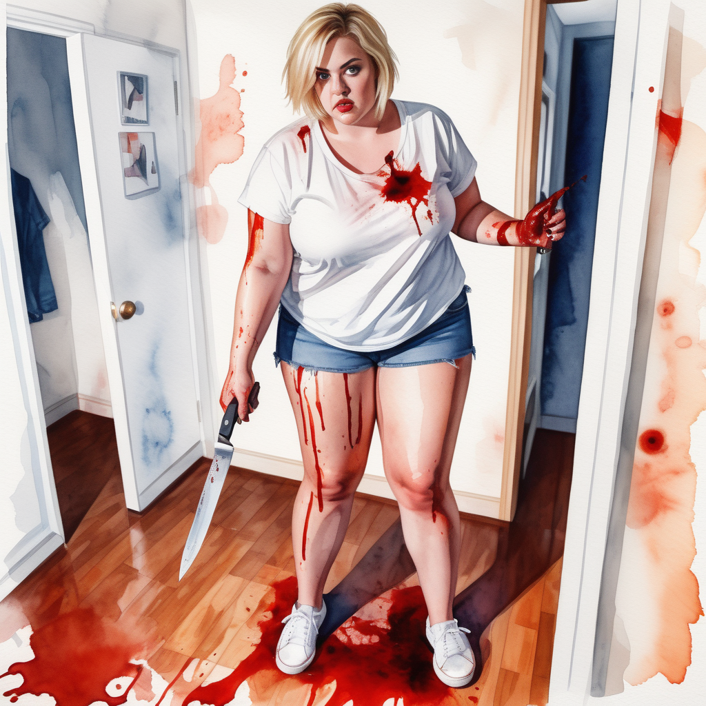 sexy pov image from top, plus size curvy blonde woman, short hair in a white shirt and denim shorts and white tennis shoes with a knife  in her bloody hand in in an apartment room, image based in watercolor paint art.