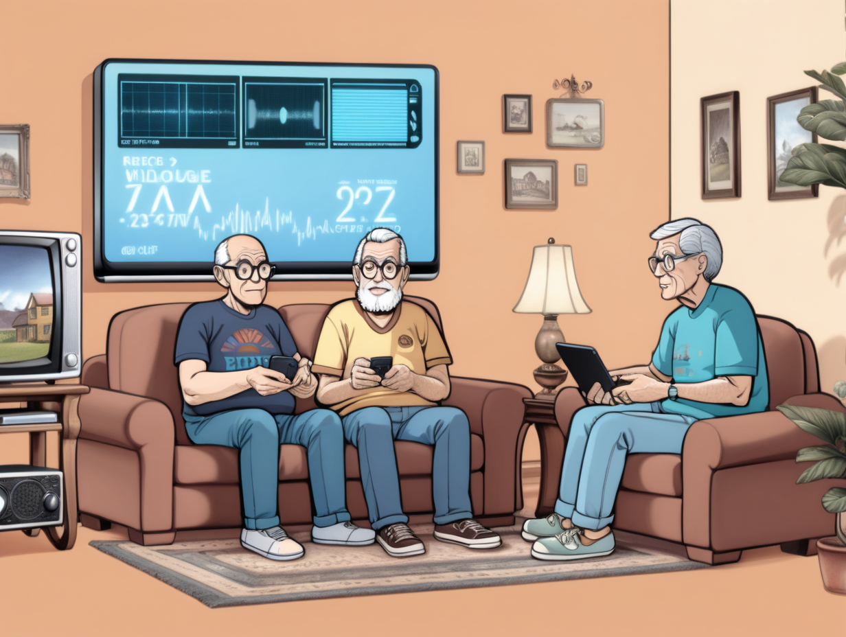 background is a cross section of a house, the radio and wifi signals in the house one body in the living room sitting and watching tv. in the foreground is a geek and his partner who are watching a screen. The dialogue box says.. there is only one elderly guy there based on body temp and vitals.