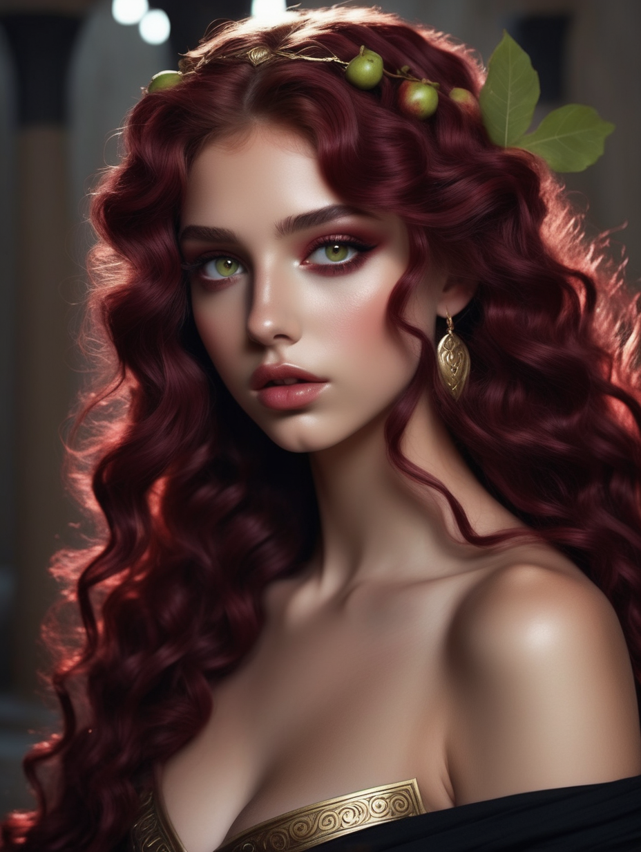 a very beautiful greek goddess wavy maroon hair