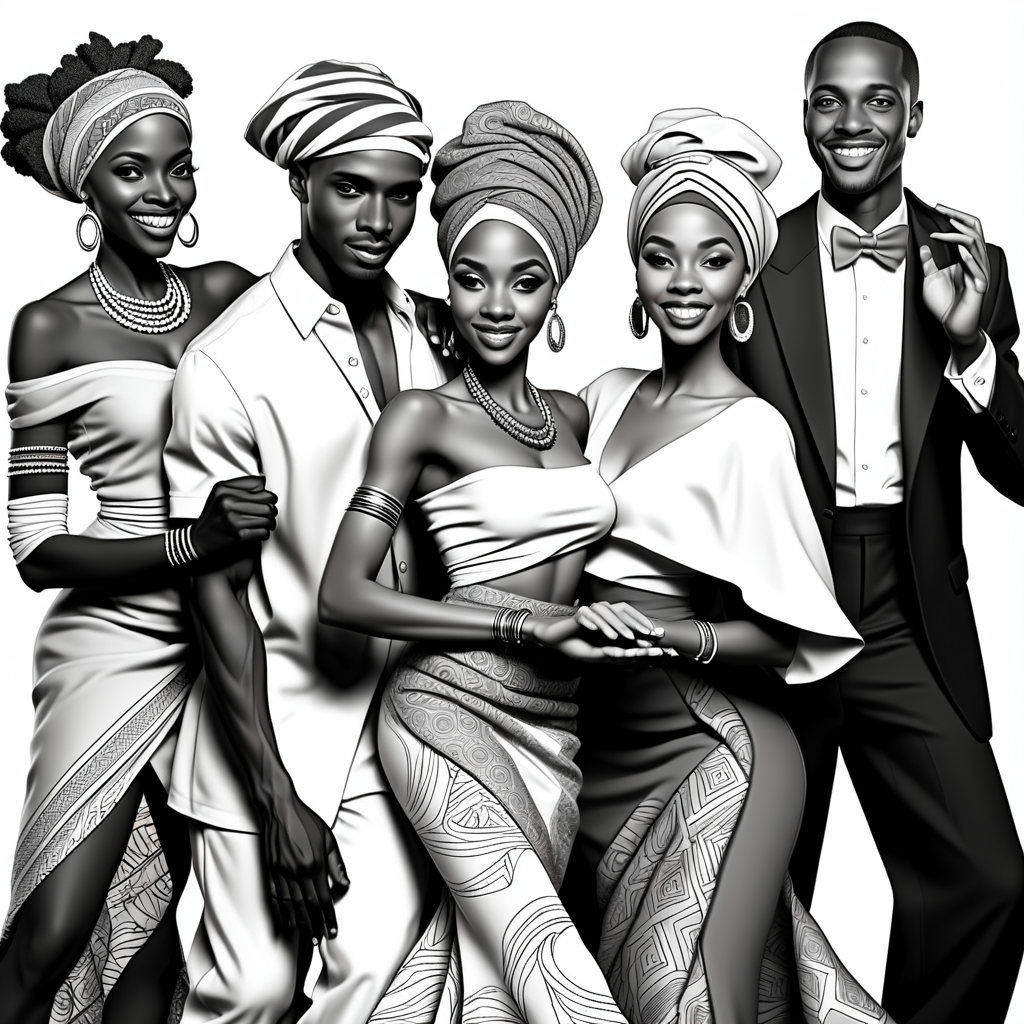 black and white, coloring page, African American women with head wraps and African American men, elegantly dressed, dancing, no background, no fills on body, no dither on body, no gradient on body, no color on body