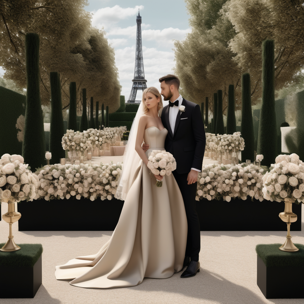 a hyperrealistic image of a grand Modern Parisian  wedding in a large open garden in a beige oak brass and black colour palette