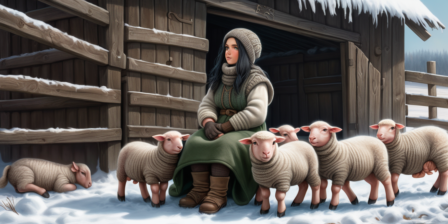 A beautiful peasant woman with long black hair and green eyes works in the pen in front of the barn. Around her are piglets - small and pink. Everything is in mud. The barn is surrounded by a fence of old wooden posts and wire mesh. It's winter, everything is covered with a thick layer of snow. Mud and snow mix. The peasant woman has put her feet low furry sheep skin shoes. Brown coarsely knitted woolen socks stick out from them - up to the middle of the leg and. On top of them, to keep her warm, she has put on green - brown, very wrinkled and crumpled woolen knitted gaiters. It is worn with thick elastic leggings, over it there is a shotr knitted skirt in black and brown. A chunky brown-gray wool sweater with a chin-high collar is snug around her. over it she wore an off-white furry sleeveless sweater with a triangle neckline. Above all this is a short  quilted bodice  in gray which is unbuttoned. On his head he wears a thick knitted woolen gray hat - an ushanka. He also has a thick scarf sloppily draped around his neck. He also wears gray knitted woolen gloves. across the waist, a thin hemp rope is wrapped 2-3 times. 