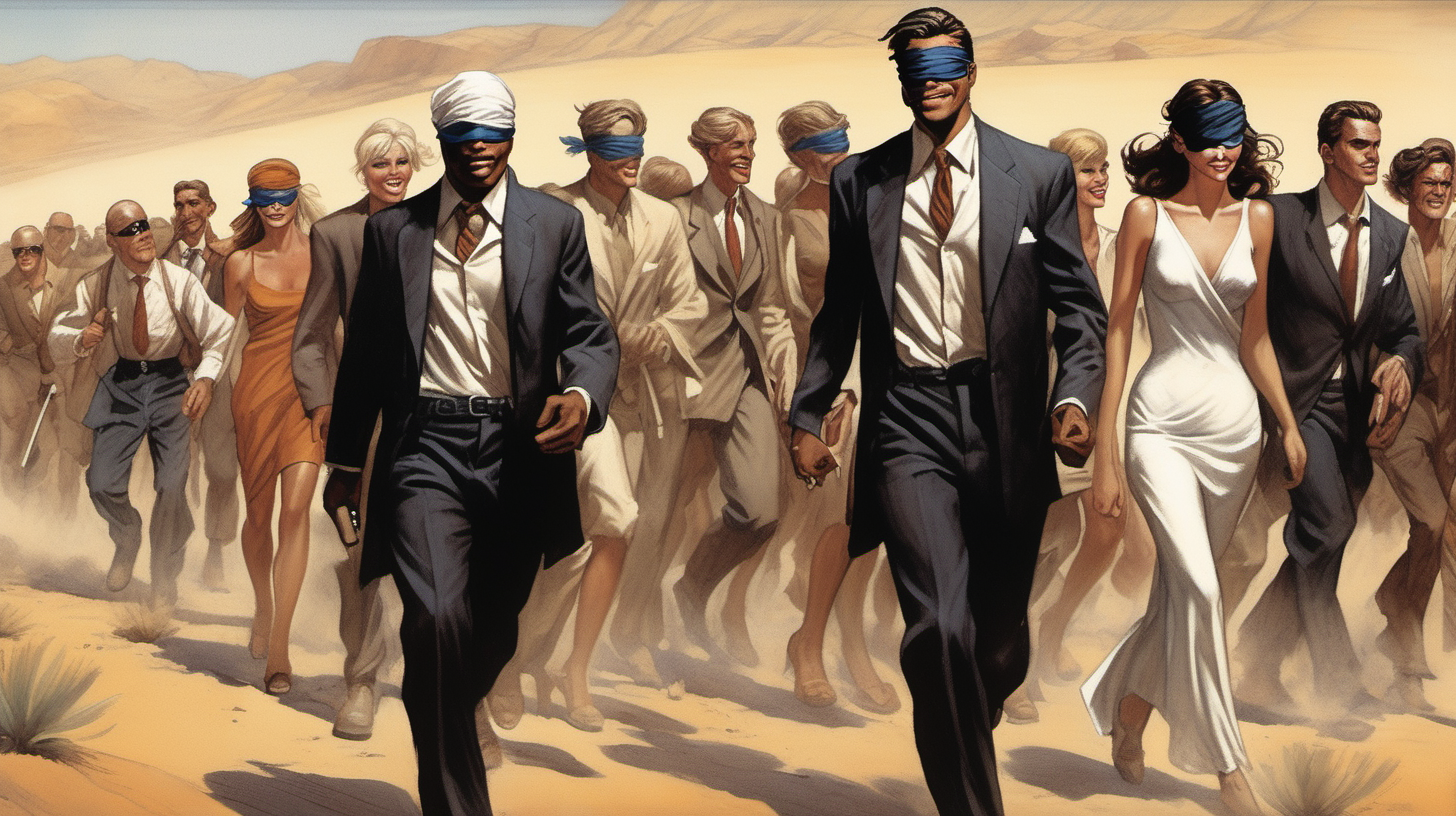 a blindfolded man with a smile leading a group of gorgeous and ethereal white and black mixed men & women with earthy skin, walking in a desert with his colleagues, in full American suit, followed by a group of people in the art style of Earl Norem comic book drawing, illustration, rule of thirds