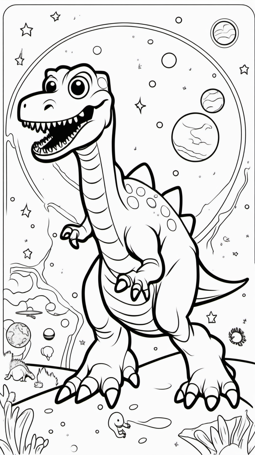 A funny coloring book for children about a dinosaur in space and planets. The background will be white and without shadows, and the drawing will be black with a thin line without shadows