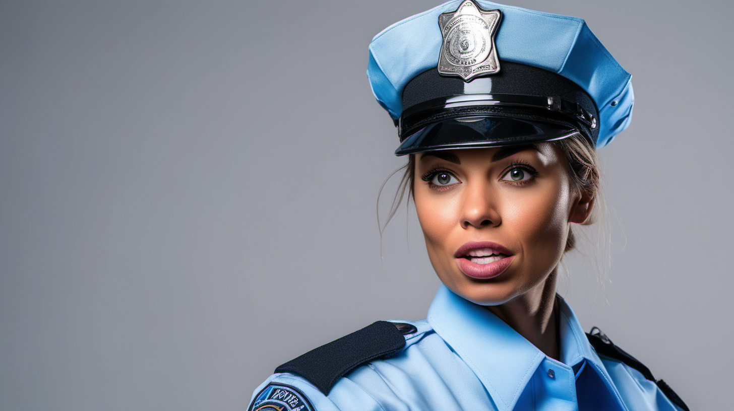 (A sexy female police officer in a light blue uniform, facing straight at the camera with visible amazement, her mouth wide open against a solid neutral-colored background), (Canon EOS R5 with a 50mm f/1.2 lens), (Harsh, stark lighting casting sharp shadows to emphasize the officer's intensity), (Candid-style photography capturing raw emotion and tension)."