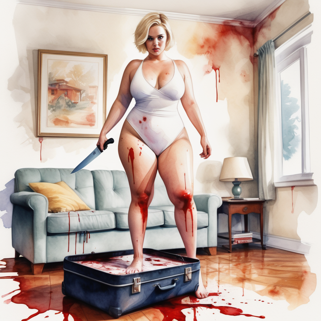 sexy curvy blonde woman, short hair, wide hips and big ass, wearing a white swimsuit, with a knife in her blood-stained hand, stepping on top of a large suitcase on the floor of a living room in a house, image based in watercolor paint.