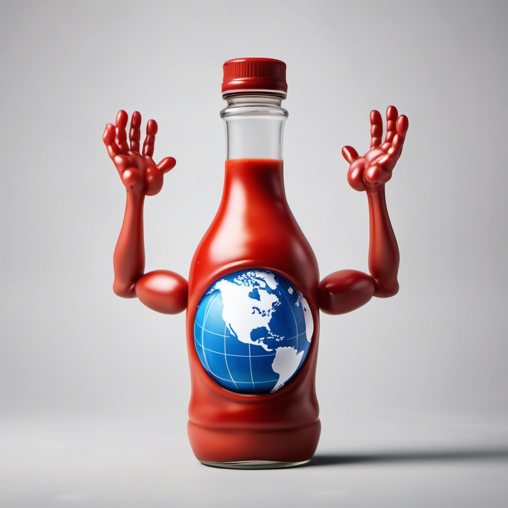 A ketchup bottle with arms and legs and