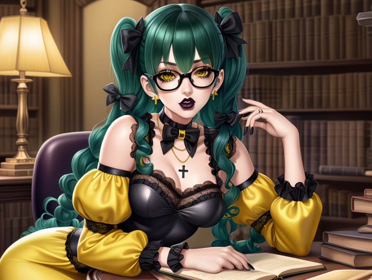 Muscular Anime woman with dark green hair and large lips with dark lipstick and dark heavy makeup. wearing glasses. wearing a cross necklace.  wearing a frilly yellow dress with lots of bows and lace. Wearing black stockings. Wearing glossy yellow Mary Jane heels. sitting in a study. Dorky expression.