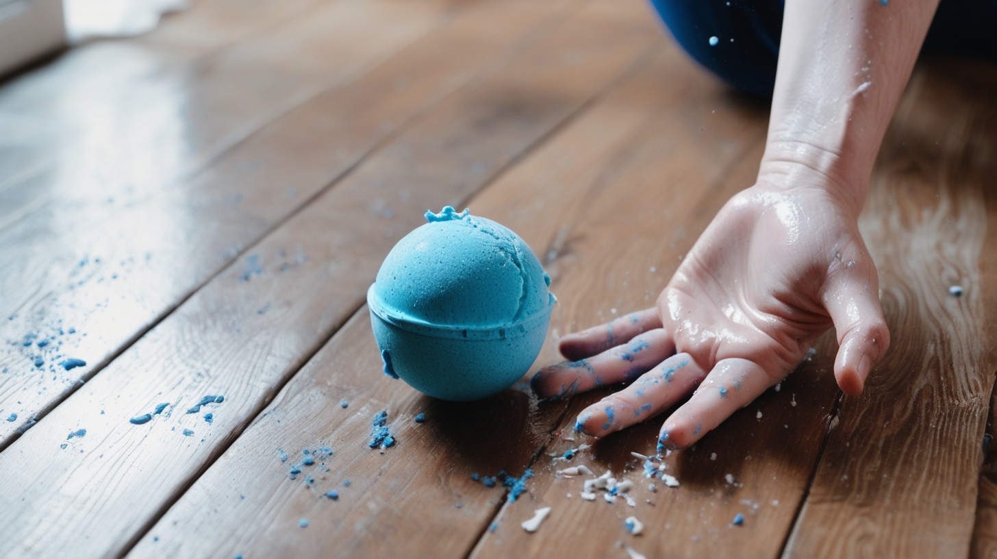 image of a hand crashing the blue bath bomb on wood floor.