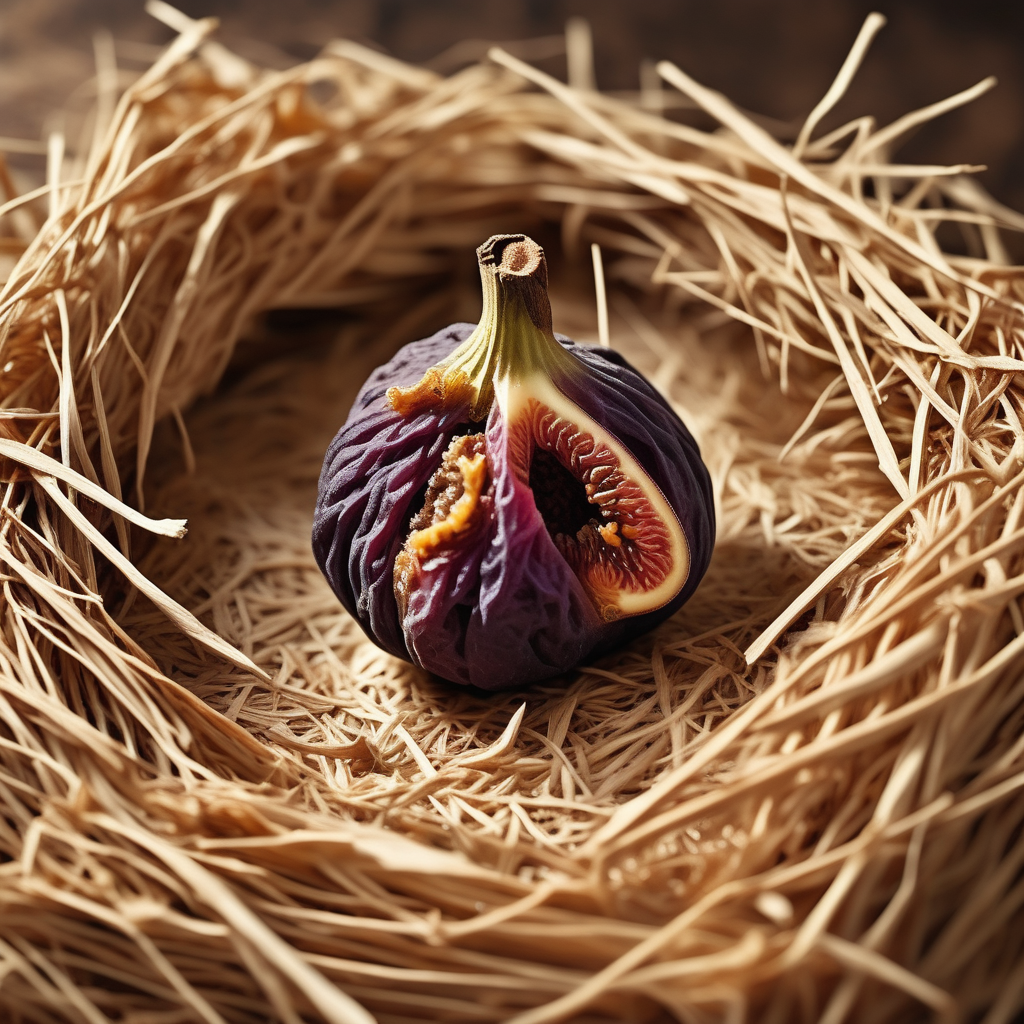Create a picture of a dried fig in a haystack