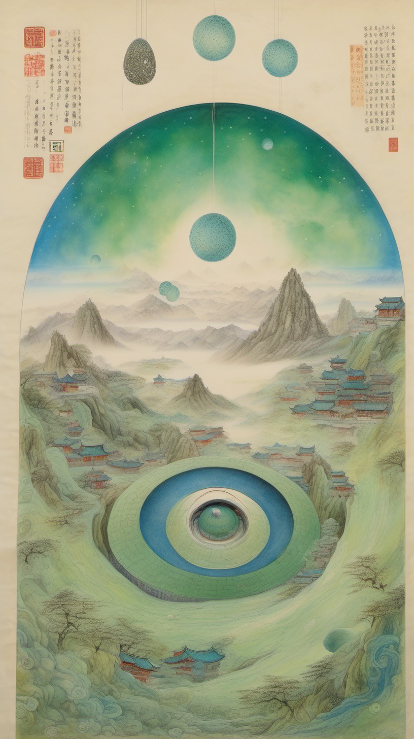 chinese gongbi drawing, with traversable wormhole, other worldly scenery, cosmos, quail eggs, greenblue mountain,underground
