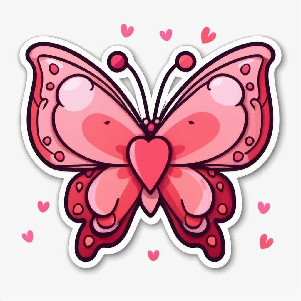  Sticker, Cute valentine red and pink Butterfly with Heart-shaped Wings, kawaii, contour, vector, white 
background
