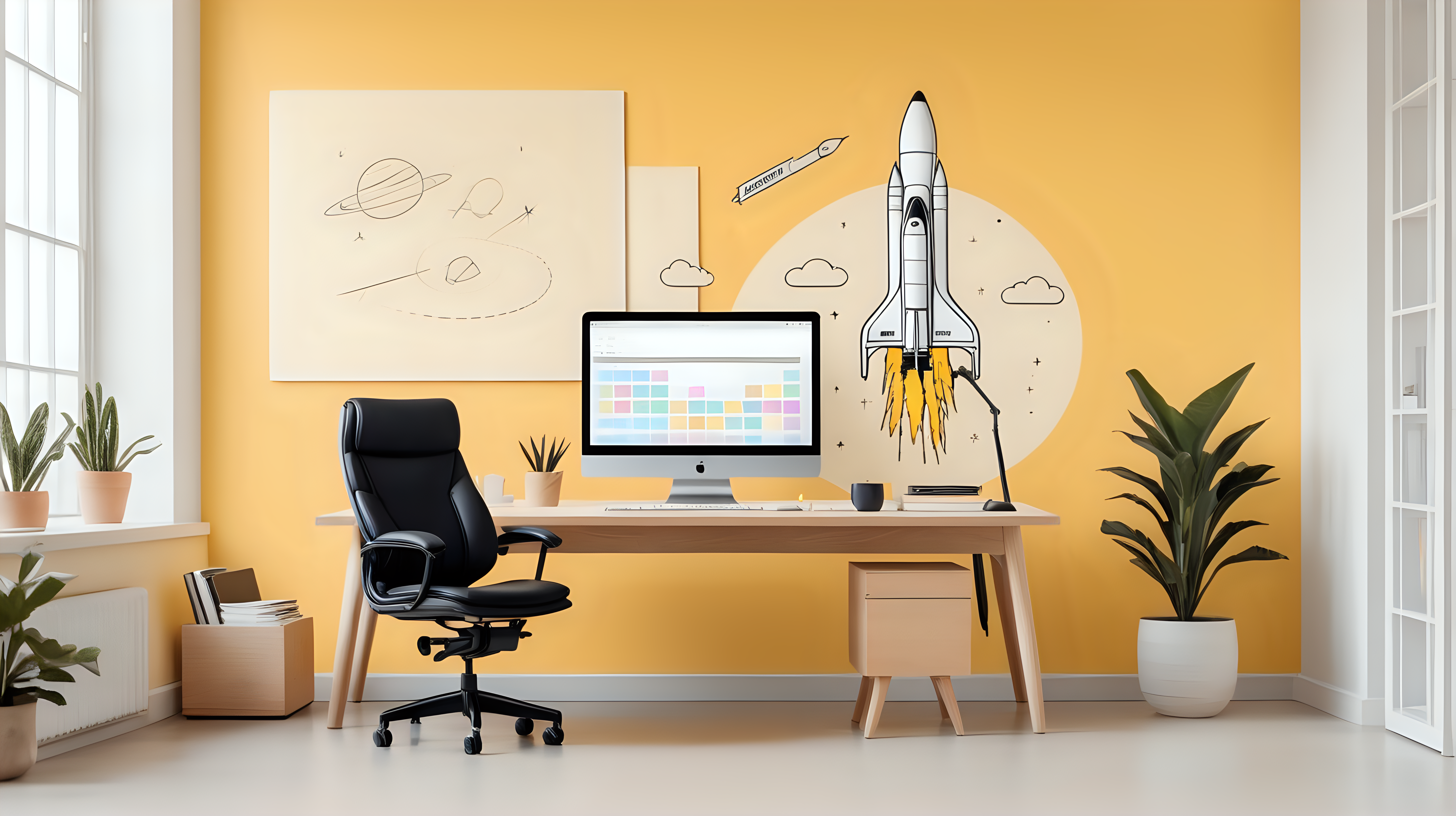 Minimalistic office with some furniture background for Tech product management online course. With Steve Jobs and rocket launch poster on the wall. Pastel yellow painted walls

