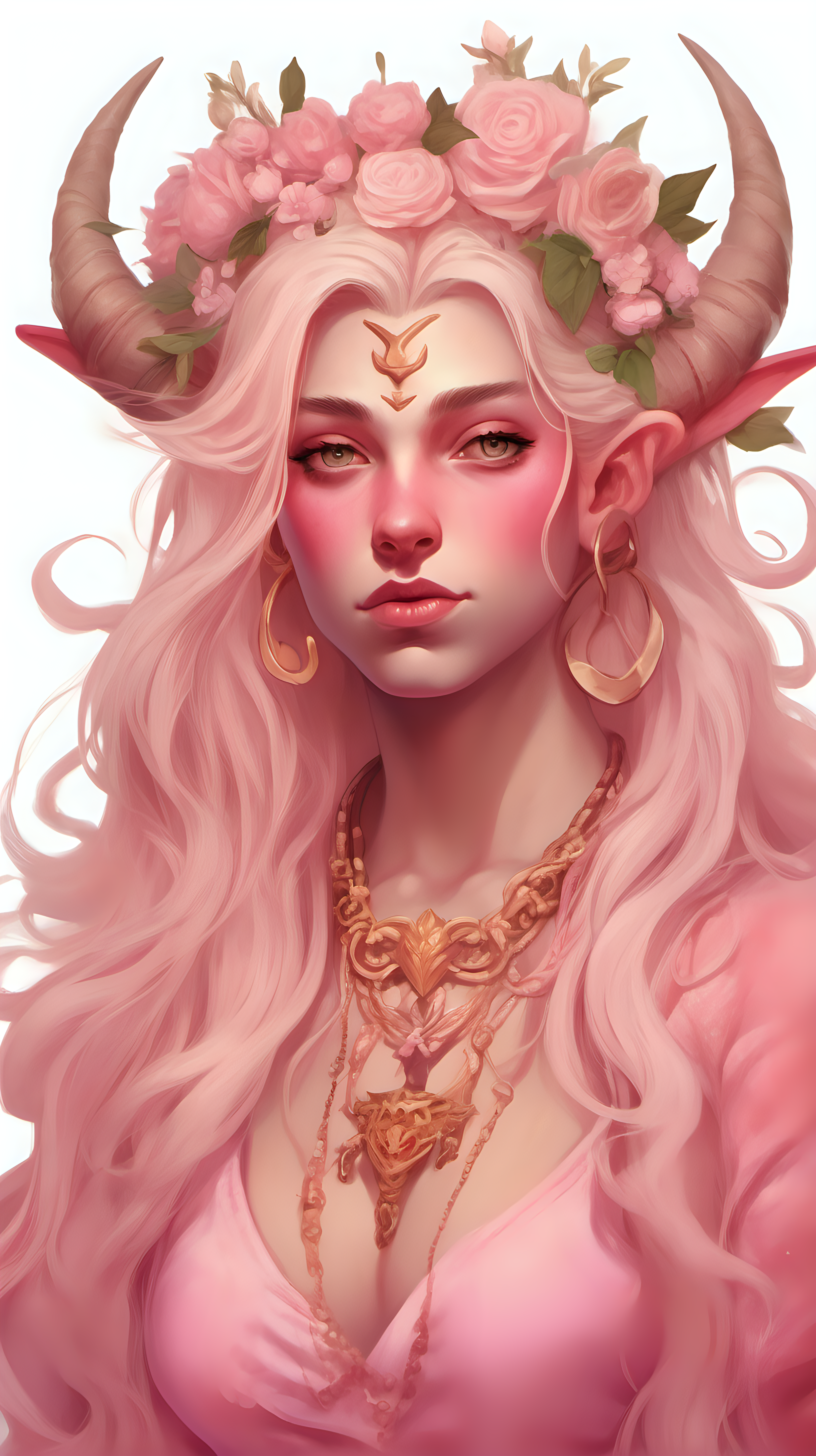 Tiefling woman with pink skin. She has white horns that meet at the top of her head to form a heart. She has light pink eyes. She has light blonde eyelashes. Her eyelashes are not black. She has blonde long hair with a orange tint. She is wearing a pink Greek-style dress with lots of flowers. She is wearing gold jewelry. She is holding a bouquet of pink flowers. She has an annoyed expression. 