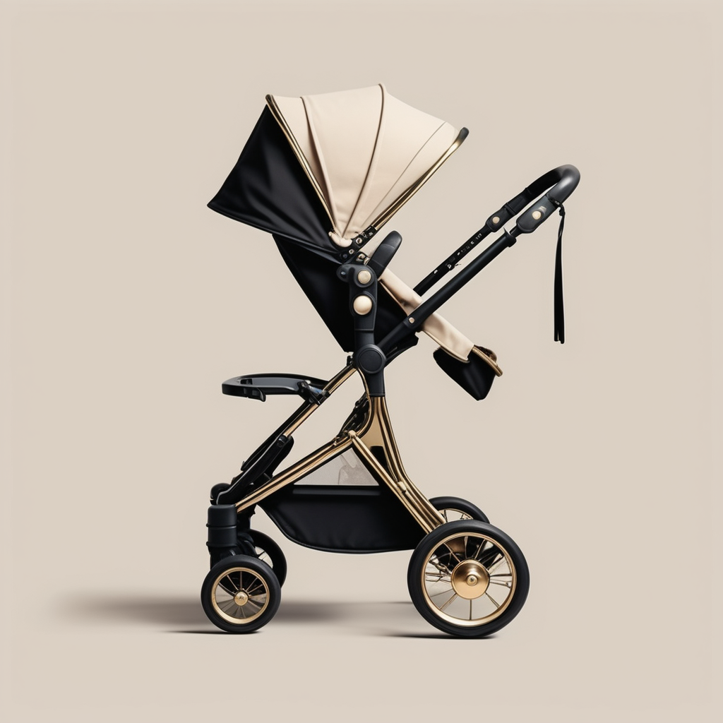 a hyperrealistic image of a modern Parisian minimalist pram; beige, brass, black colour palette