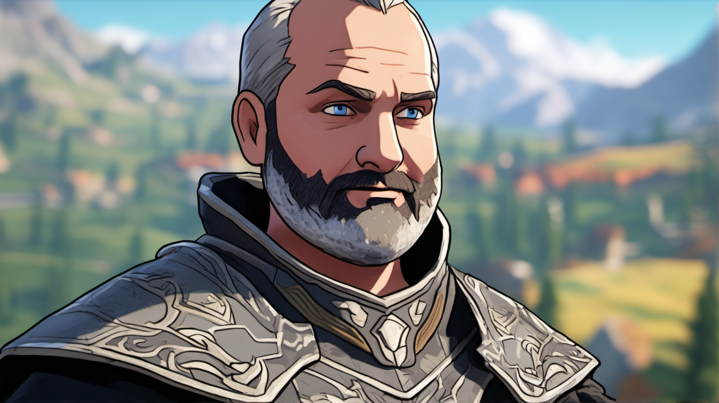 a warrior who resembles tom segura with a short styled haircut and grey hair with a short grey beard in the style of the video game Wayfinder, in the background a bright medieval landscape