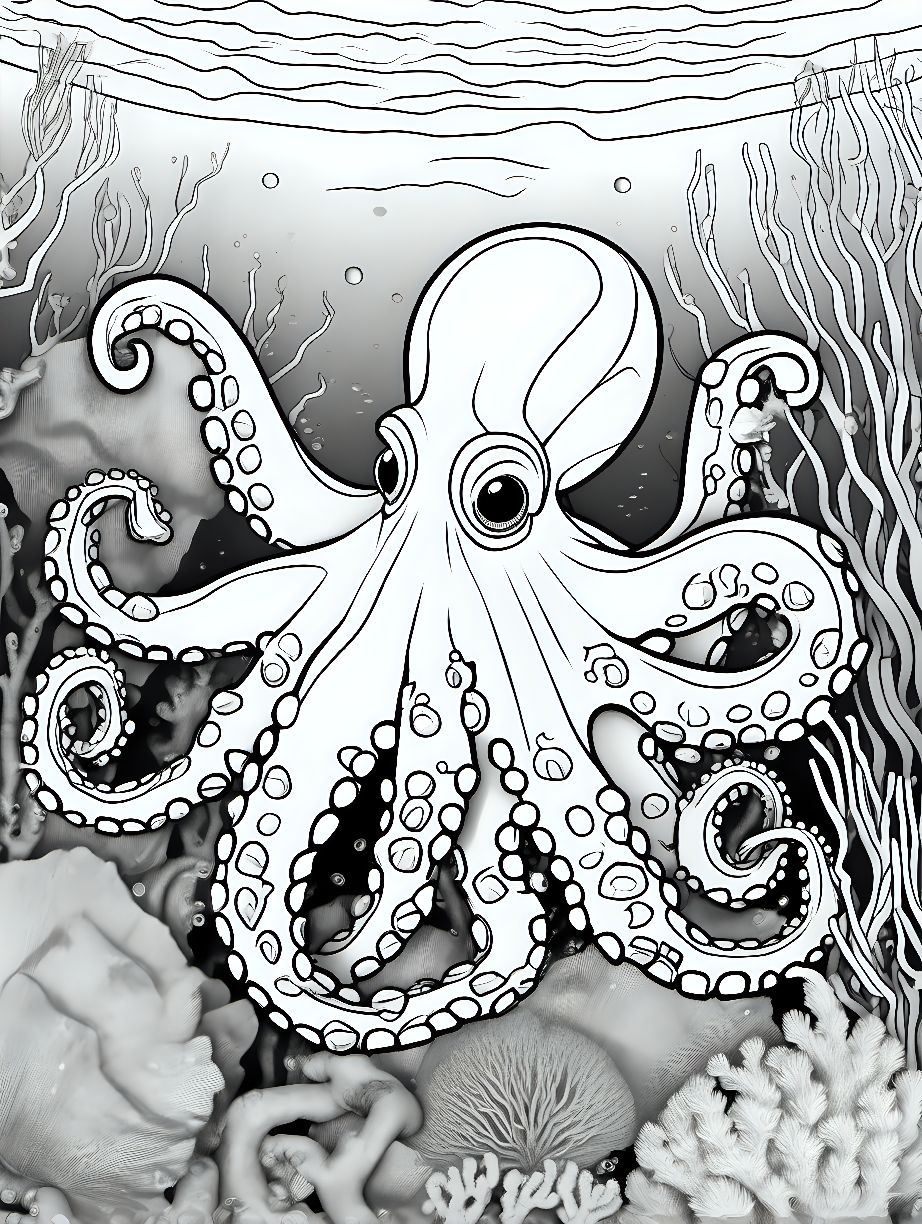 octopuss in a coral reef , coloring page, low details, no colors, no shadows