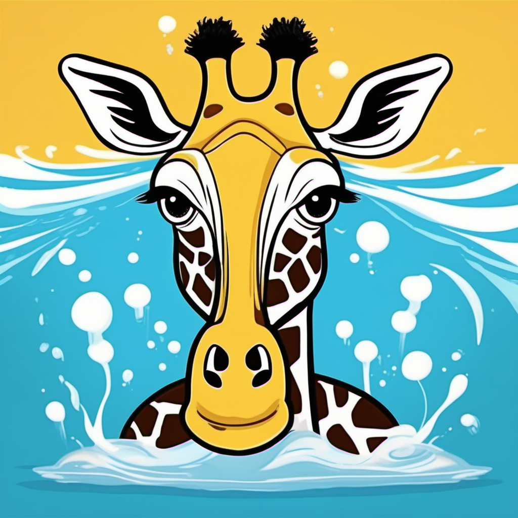 /imagine kids illustration, Giraffe neck and face in a  water, cartoon style, Thick Lines, low details, vivid color --ar 9:11