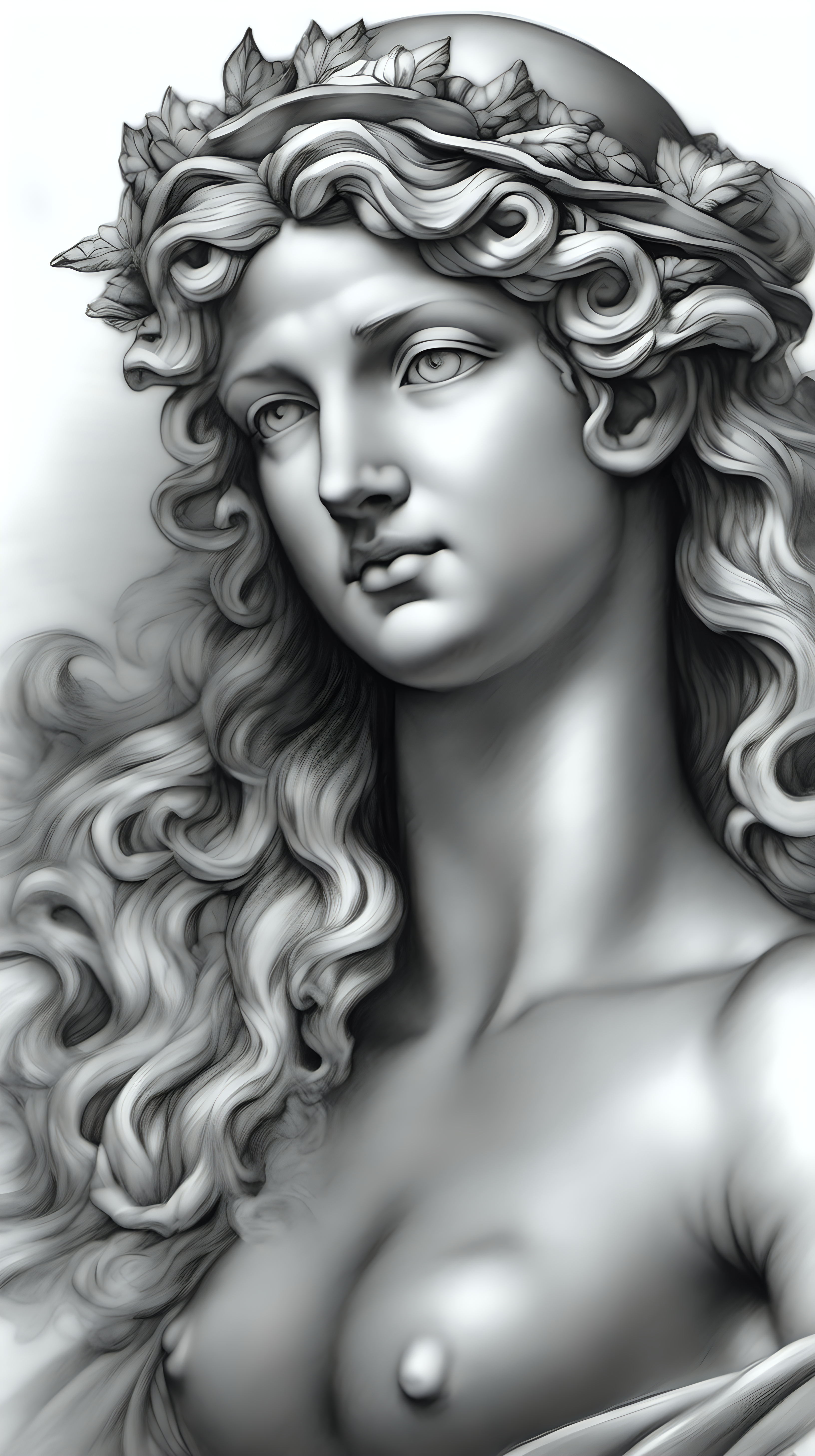 /imagine prompt : a hyper realistic black and gray Michelangelo drawing, feauteted a beautiful aphrodite, zeus above her,god & godess greek mytology
/describe : aphrodite full body, standing ,whole subjects in the box.
-no cut
<background>white papaer
<style>pencil drawing
_ar 9:16