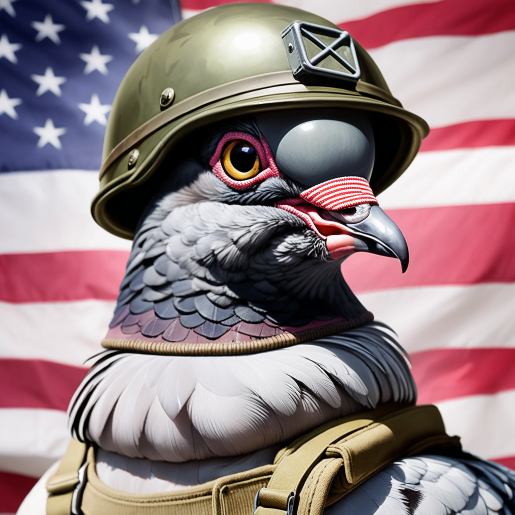 a crazy pigeon wearing an american world war two army helmet