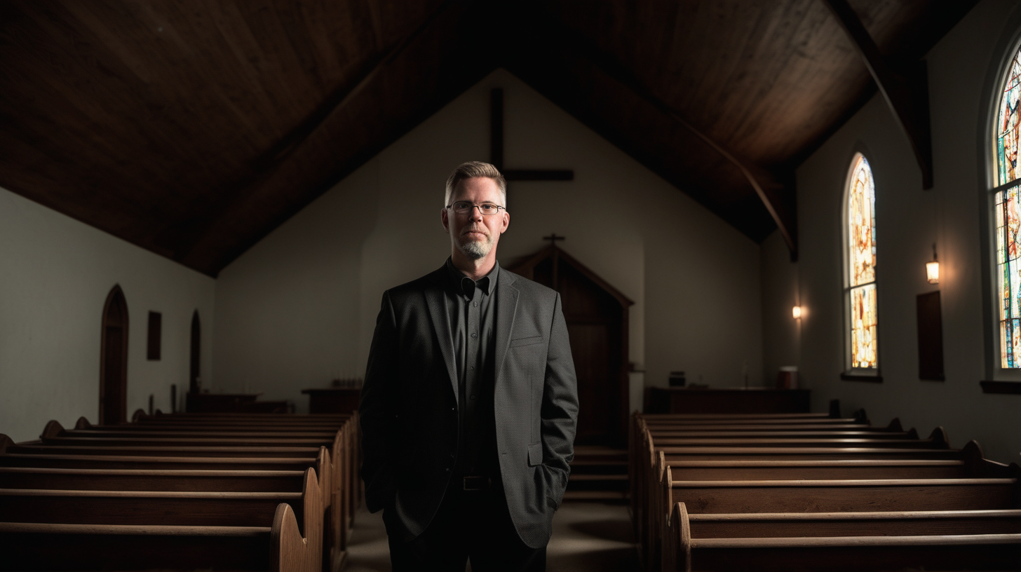 rural country pastor white male standing inside darkened