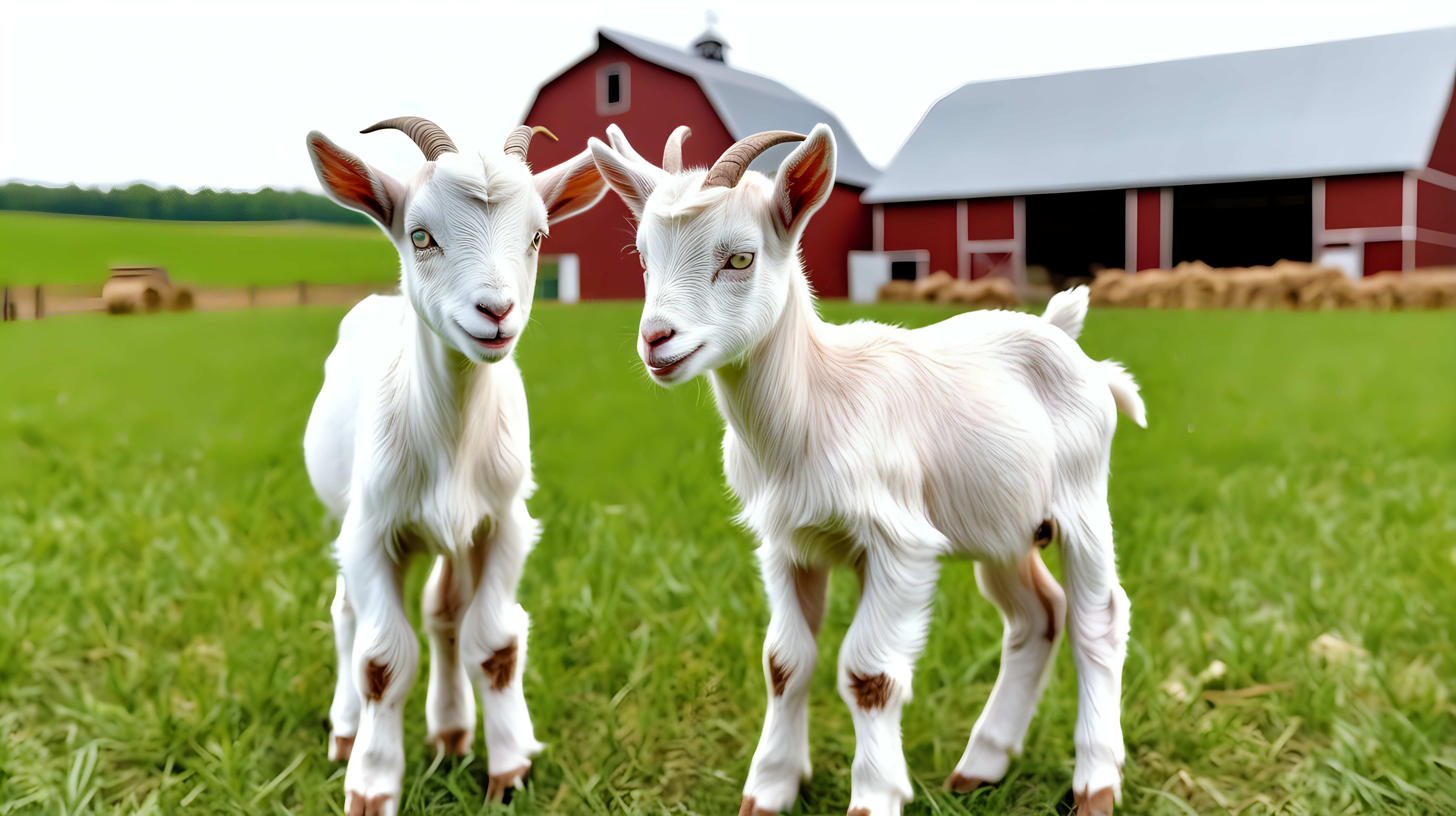 Two baby goat in field farm barn background