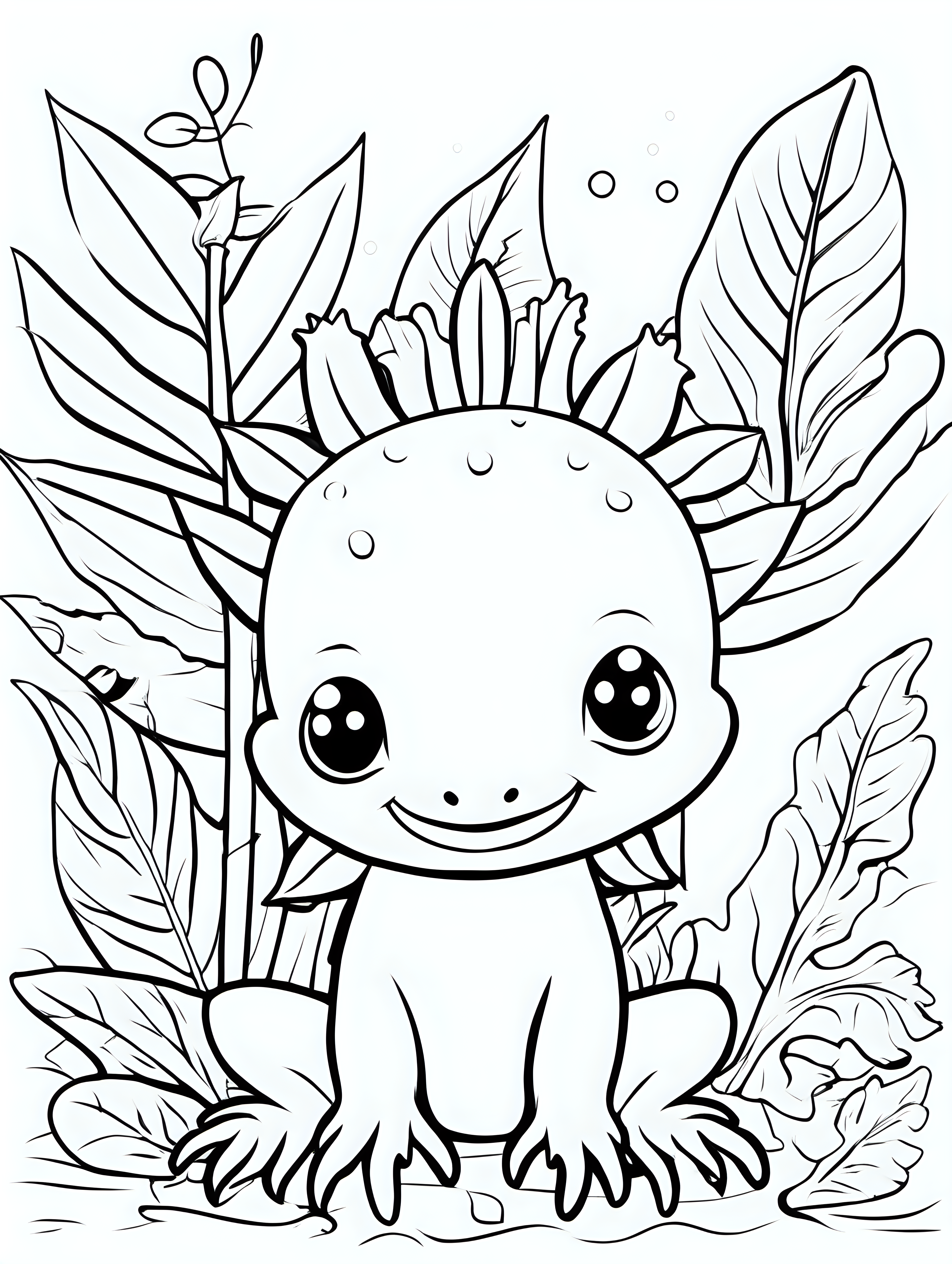 draw a colorful book cover for a coloring book for kids with cute animals like Axolotl with a nice background with leafs half outline and half with color