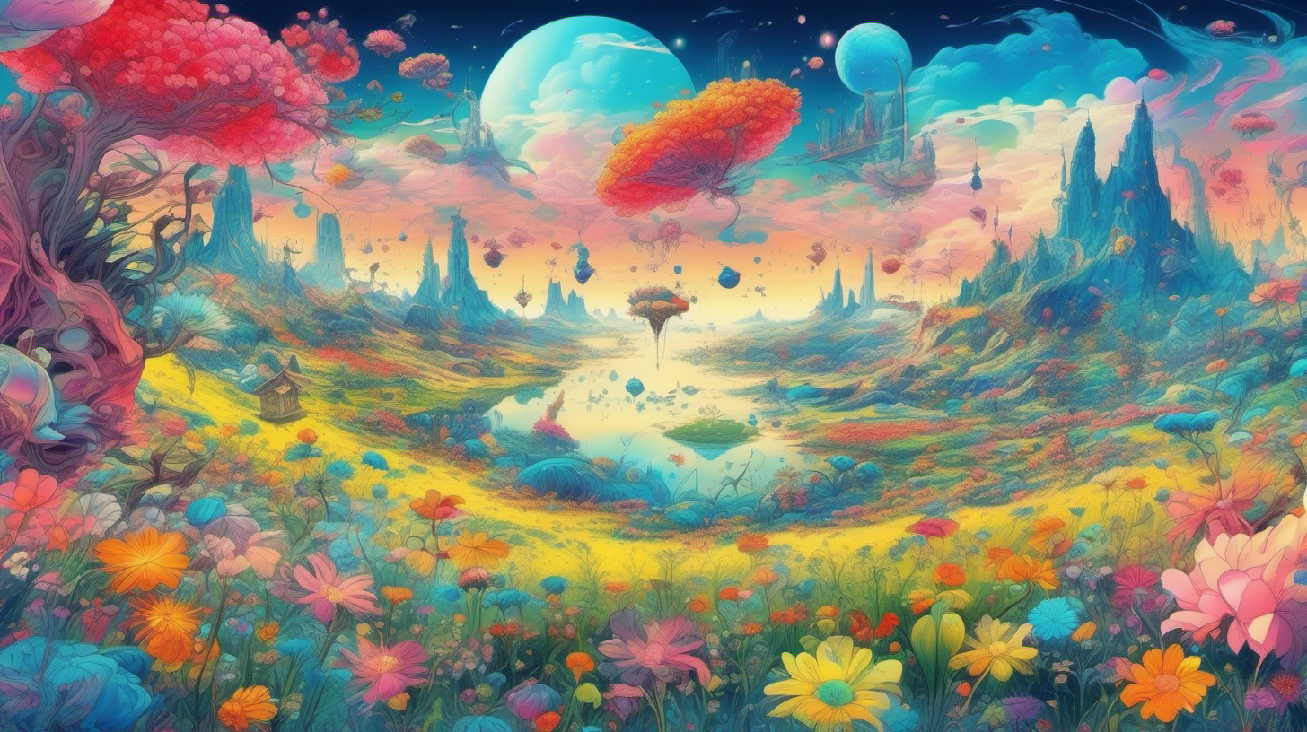 n anime manga style, a surreal fantastical landscape of a dream world in vivid colors with a meadow full of otherworldly flowers similar to salvador dali