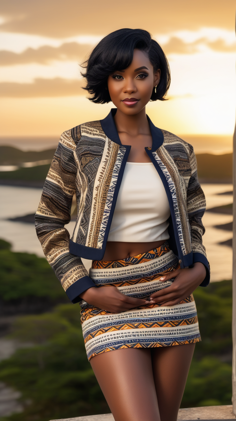 sexy, black, woman wearing short, black hair, wearing, cream African print, 3/4 jacket, wearing, navy, linen mini skirt, sunset Island in the background, 4k, high definition, full resolution, replicated
