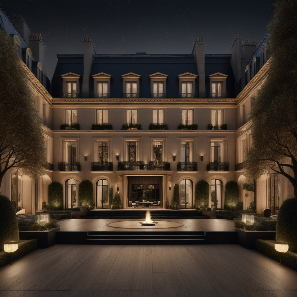 a hyperrealistic of a grand modern Parisian estate, whiskey den at night with mood lighting,  floor to ceiling windows with a view of the manicured gardens, in a beige oak and brass and black colour palette
