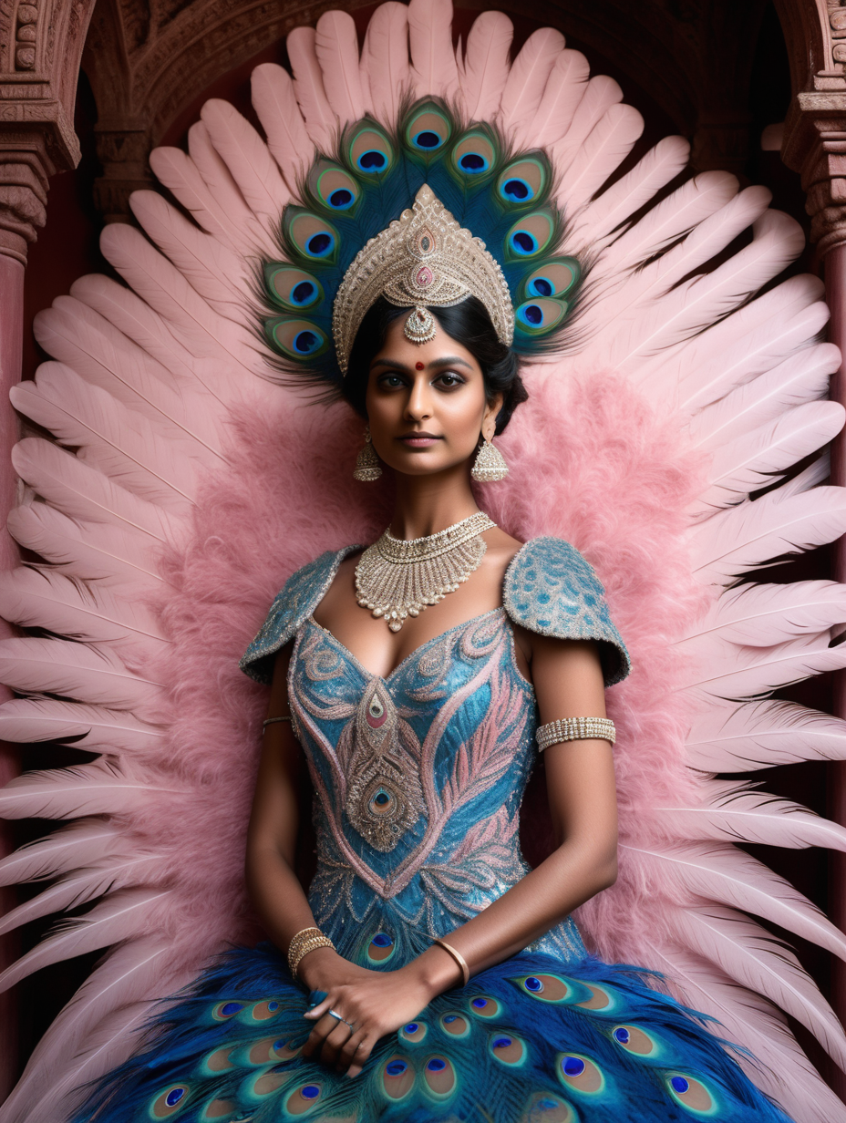 photo of an indian queen wearing a peacock feathery haute couture feather dress, soft pink and blue colors, dress made of feathers, symmetry, in a peacock temple, closeup portrait
