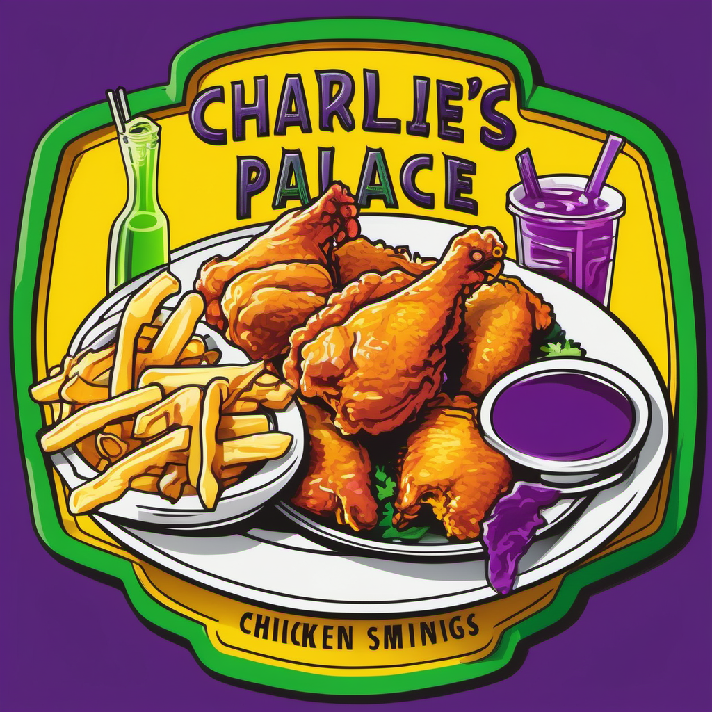 A vibrant logo for "CHARLIE'S PALACE" a plate of chicken and fries, waffles with chicken wings, and mixed drinks on a table. Dipping sauces surround the plates. In 4K Ultra Shinny bold yellow letters outlined in green and purple, the restaurant's name sits above this tempting spread, 