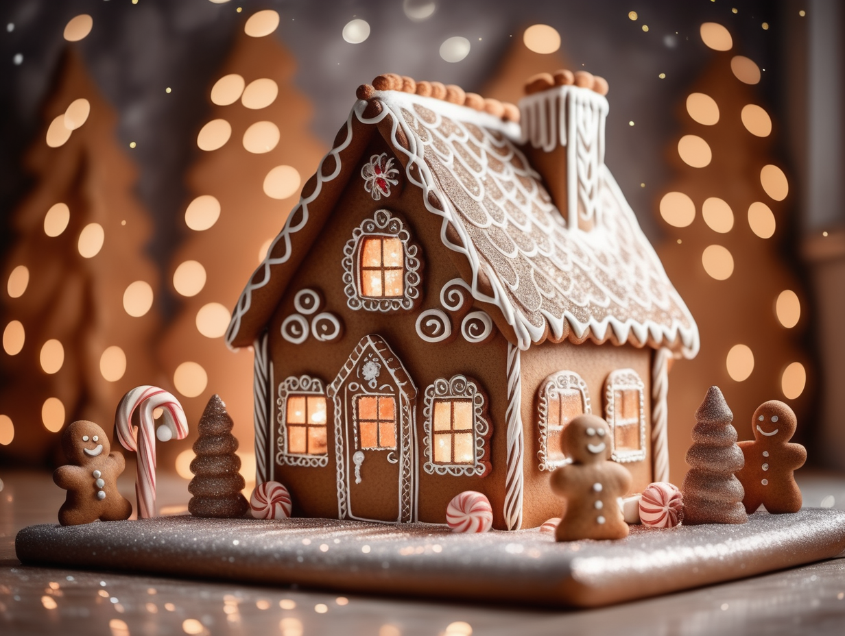 Realistic and unique gingerbread house with glitter neutral