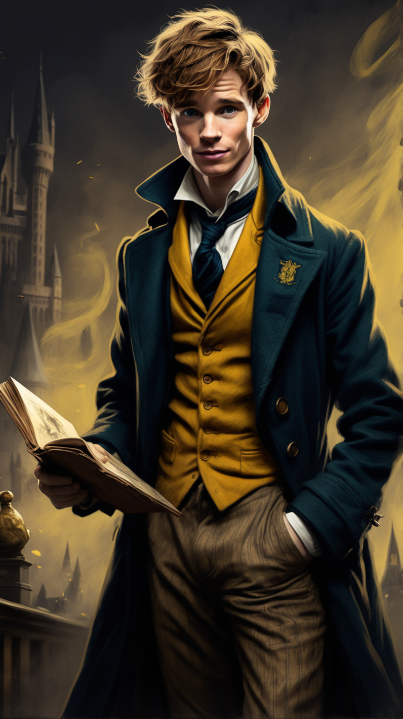 Create a dark fantasy art illustration,  frank frazetta style, of Eddie Redmayne as Newt Scamander, as a teenager in Hogwarts Hufflepuff. 