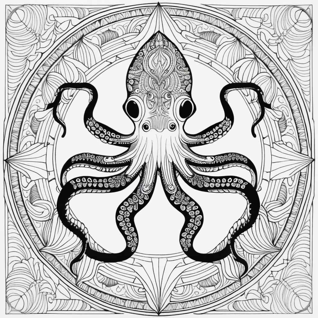 adult coloring book, black & white, clear lines, detailed, symmetrical mandala, giant squid