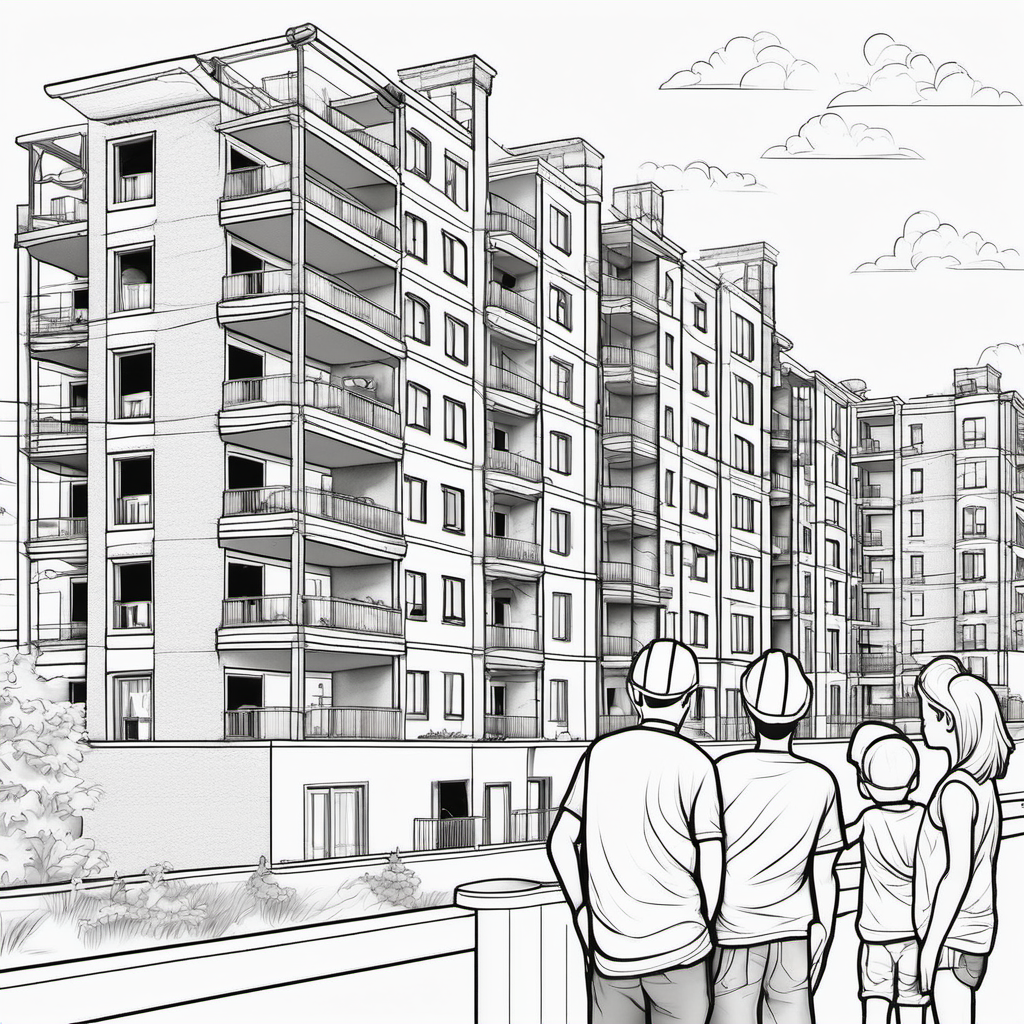 create an image without color for kids' coloring book of a family looking at apartments under construction




