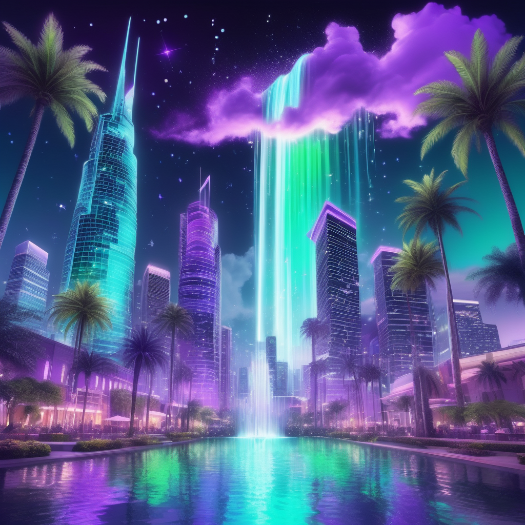 sophisticated downtown night city party with lavender purple light purple and neon green and teal green light blue colors wealthy concert towers with clouds and stars in sky and waterfall  palm trees dolphins