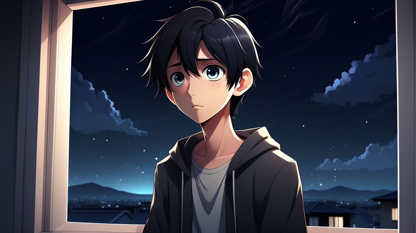 Late one night, handsome anime young boy, looking at the sky from the window, black hair, modern clothes, background with a beautiful night sky with lots of stars, simple full color, high quality, lively eyes, dark, gloomy, dark color, natural eyes, hd, hyper realistic,