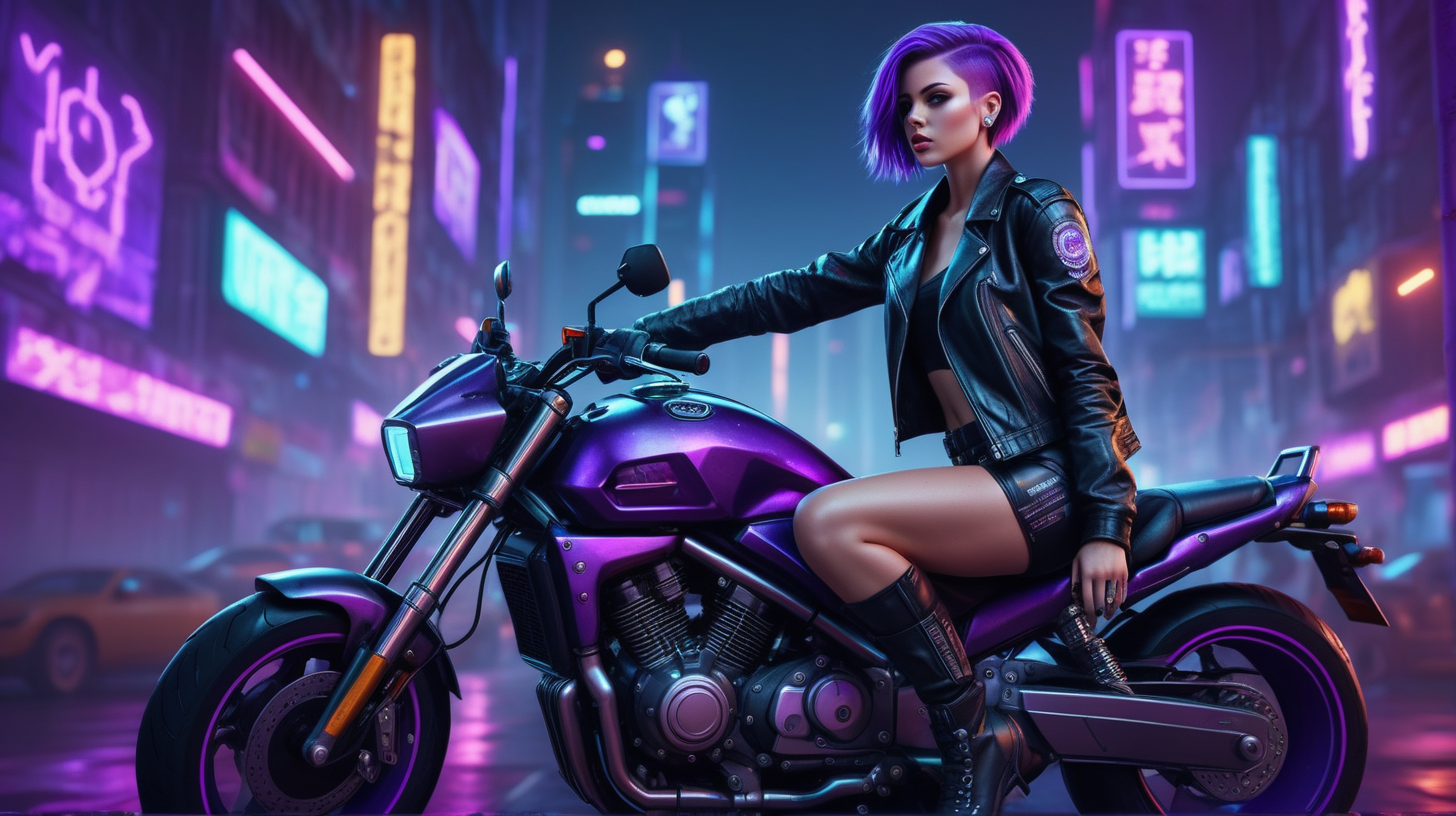 The image features beautiful woman on motorbike, realistic, perfect body, leather jacket, short shorts, purple hair, cyberpunk night city in the background with neon lights, Sharp focus. A ultrarealistic perfect example of cinematic shot. Use muted colors to add to the scene.