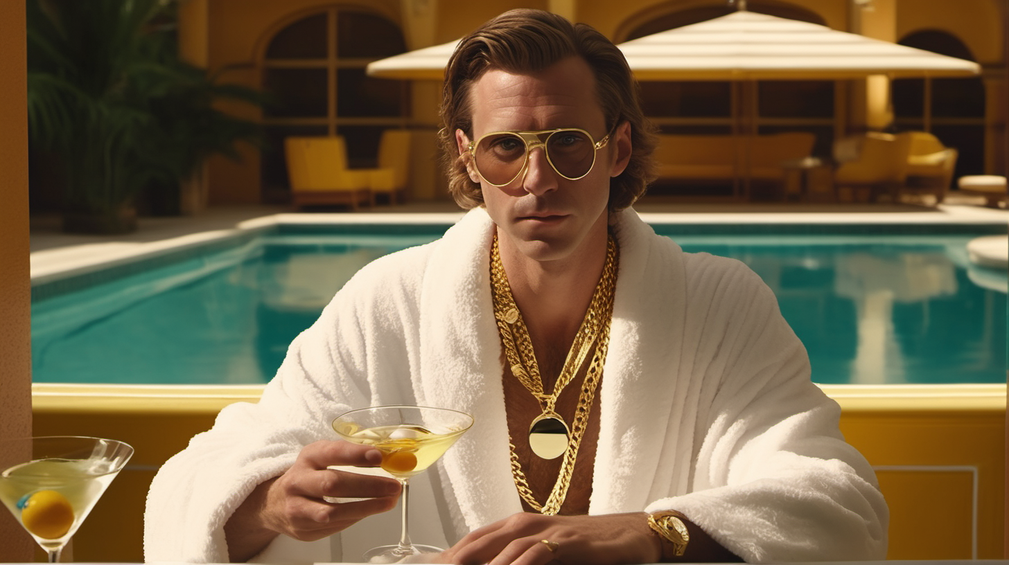 cinematic photoreal image of a man looking at camera in a bathrobe wearing a gold necklace sitting poolside with a martini in his hand in the style of a wes anderson film