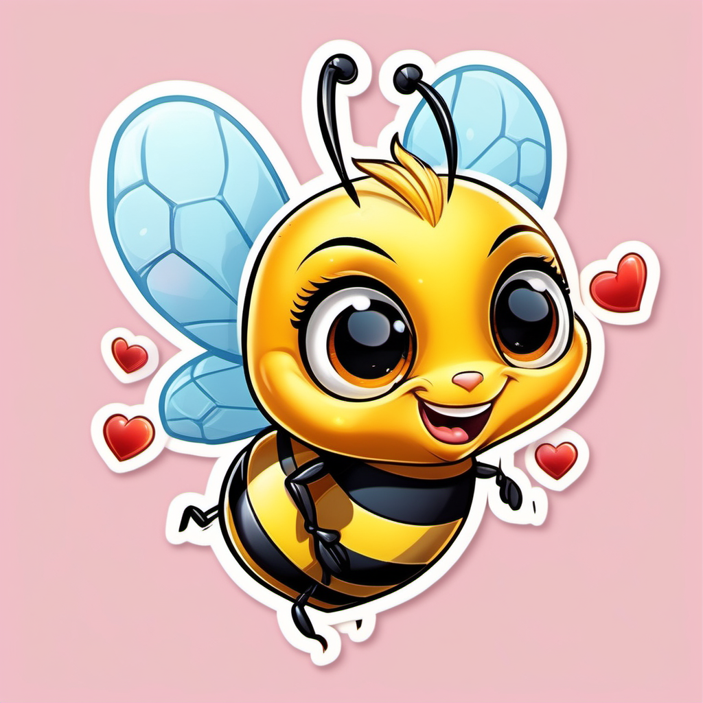 super Adorable little bee cartoon
sticker valentine hearts,  sweet smile, character full body, so cute, excited, big bright eyes, shiny and fluffy,
fairytale, energetic, playful, incredibly high detail, 16k, octane rendering, gorgeous, ultra wide angle.