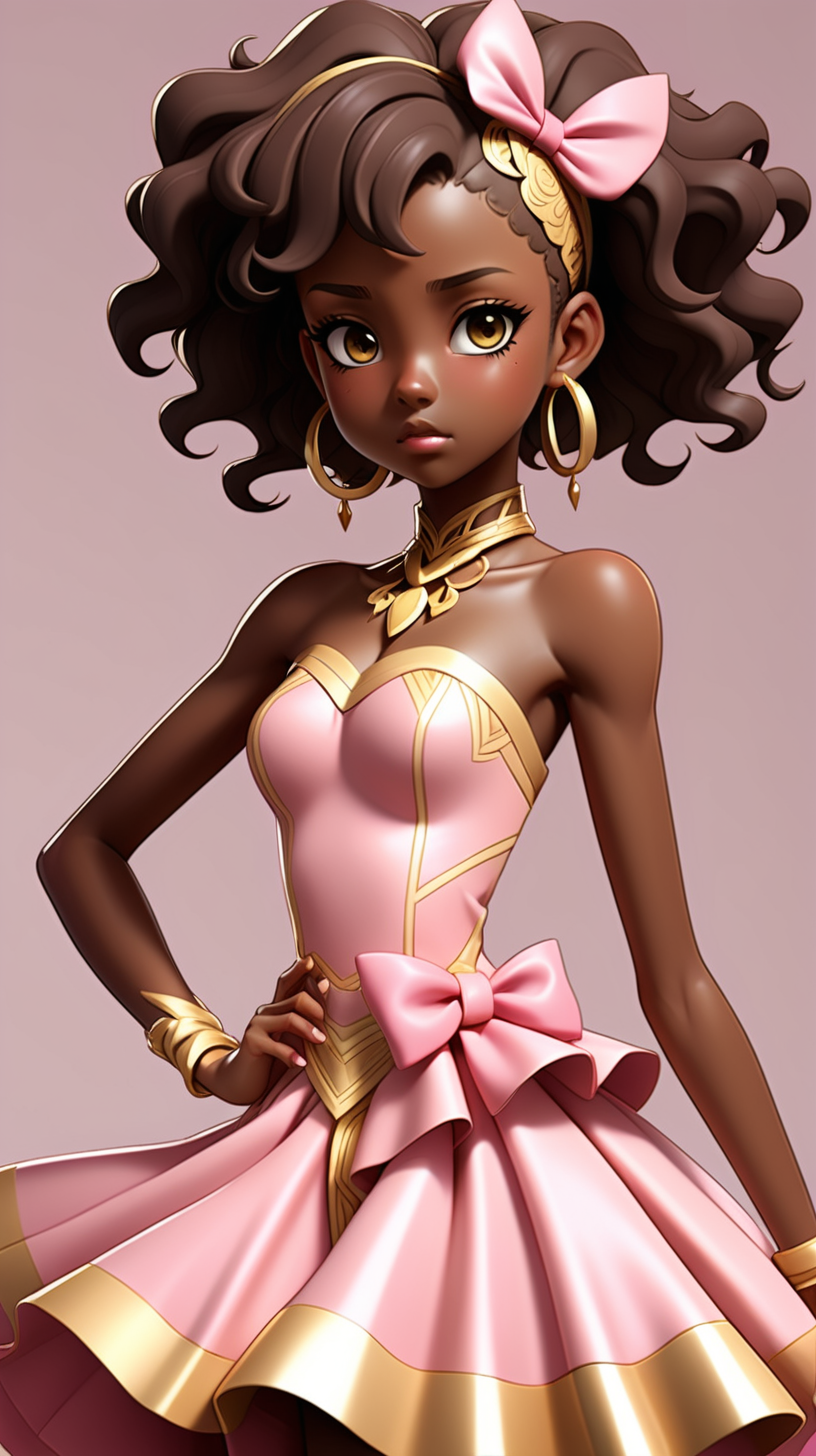 an anime girl with a pink and gold dress who is African American with 